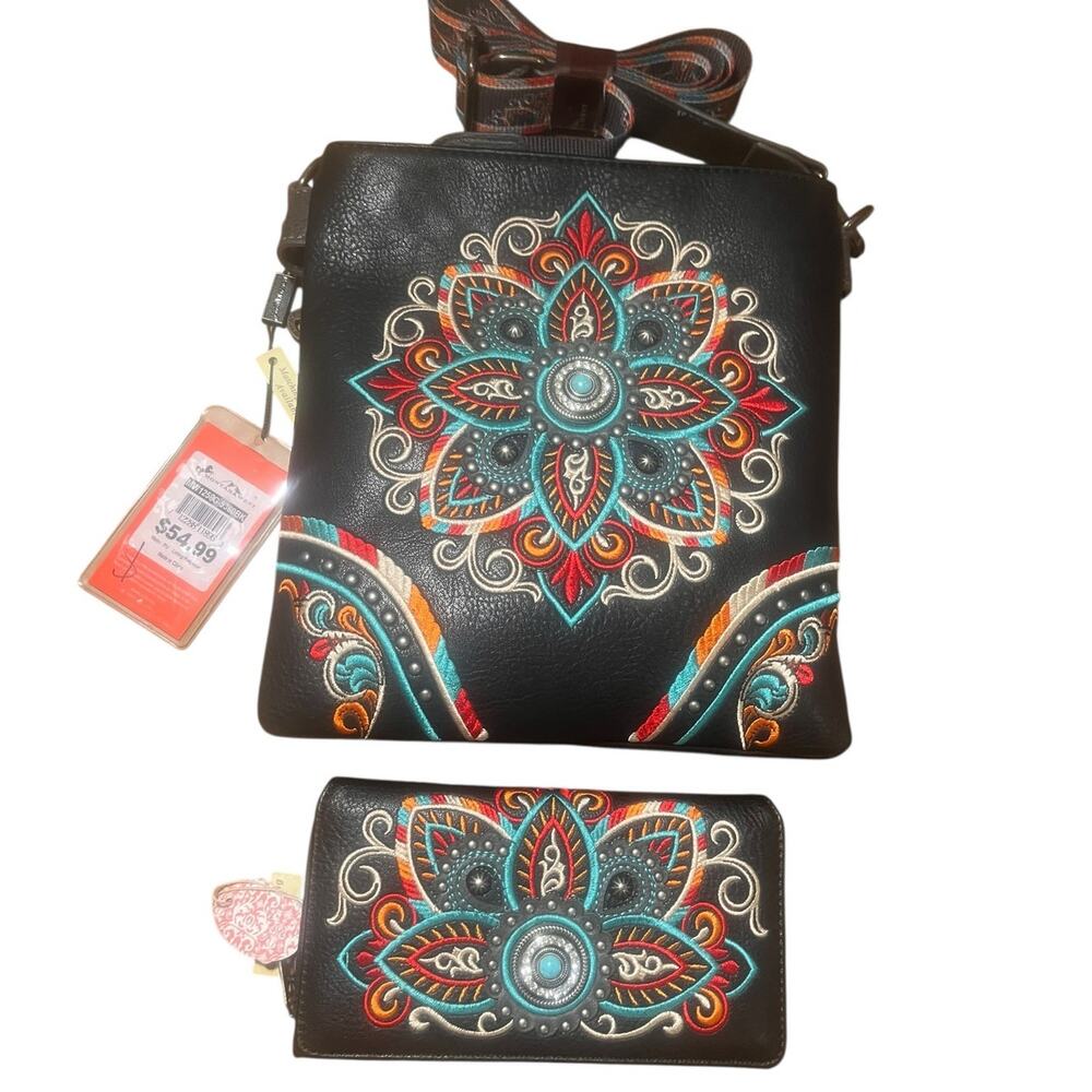 Mountain West Embroidered & Beaded Leather Bag & Matching Wallet